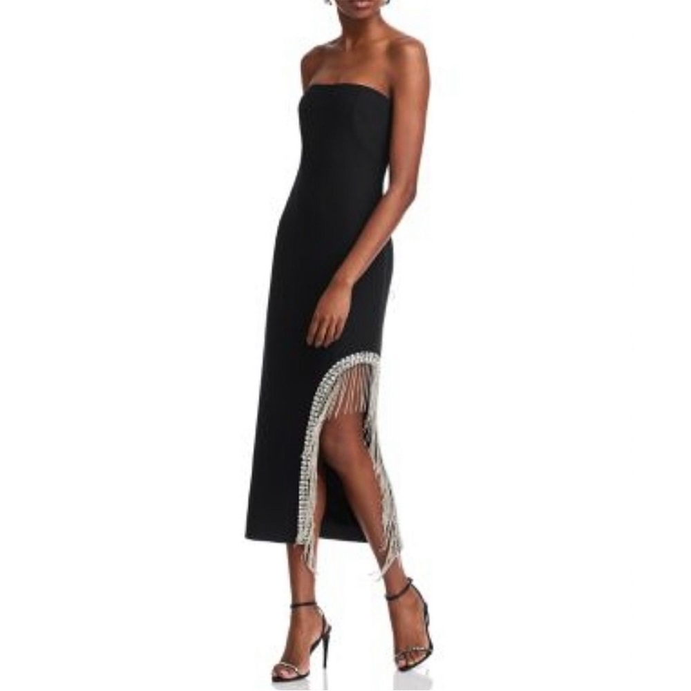 Cinq A Sept Crystal Fringe Embellished Sammy Midi Dress Black Strapless size 6